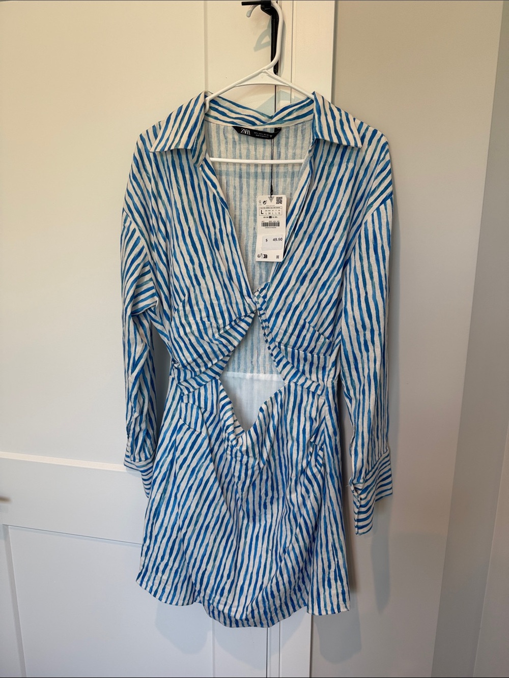 Zara Blue and White Striped Asymmetrical Twist-Front Dress